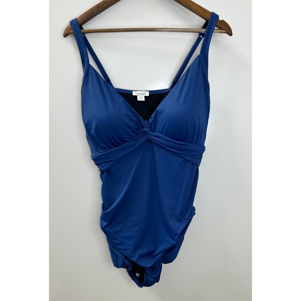 Sundance One Piece Swimsuit Blue Twist Front Ruched Stretch Womens Size XXL - Picture 2 of 9